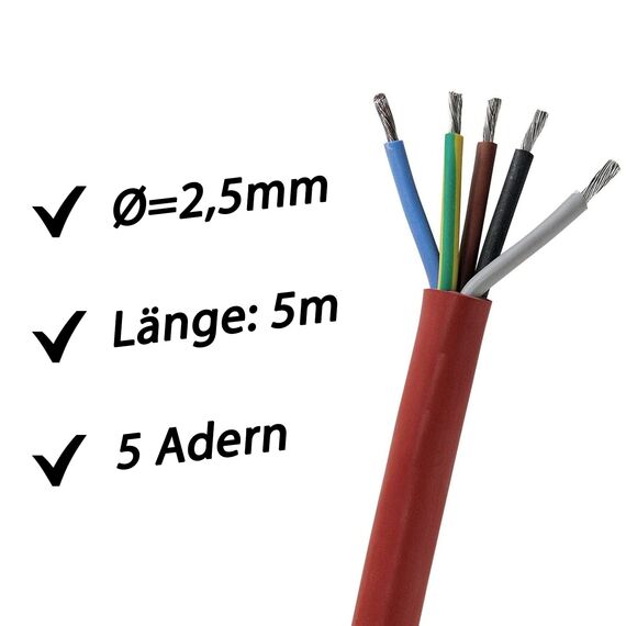 5 Meter (m) Silikonkabel 5x2,5 mm² | SiHF-J | Hitzebeständige und flexible Silikonleitung | Saunakabel | Optimal für Saunaöfen | -60°C bis +180°C | Wärmegeräte, Scheinwerfer, Heizkraftwerke etc.