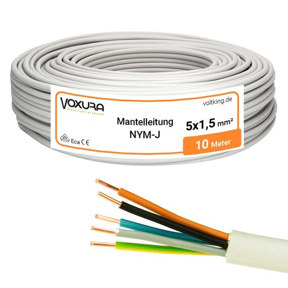 NYM-J 5x1,5 mm² 10m Ring Mantelleitung Installationskabel Stromkabel Feuchtraumkabel Kupfer