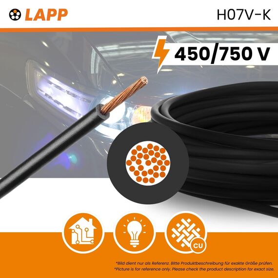 10 Meter Lapp 4520013 H07V-K 4 mm² schwarz I Verdrahtungsleitung I Aderleitung flexibel I PVC-Einzelader I Litze 4mm2 I Verdrahtung