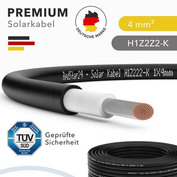 RedStar24 Premium Solarkabel 4mm² Schwarz - 50m - TÜV SÜD geprüft - UV-beständig, flexibel, Photovoltaik Kabel, PV Kabel, Solar Anschlusskabel für Solarpanel, Wechselrichter & Laderegler - langlebig