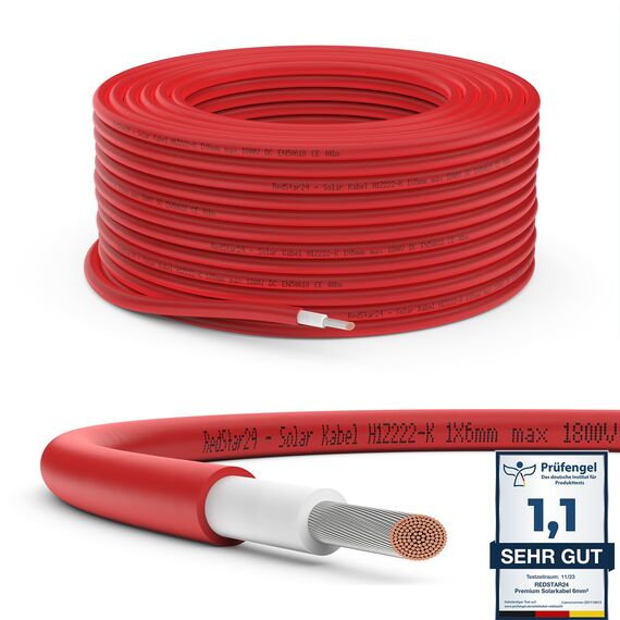 RedStar24 Premium Solarkabel 6mm² Rot - 10m - TÜV SÜD geprüft - UV-beständig, flexibel, Photovoltaik Kabel, PV Kabel, Solar Anschlusskabel für Solarpanel, Wechselrichter & Laderegler - langlebig