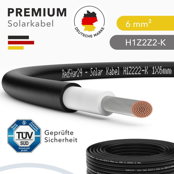 RedStar24 Premium Solarkabel 6mm² Schwarz - 50m - TÜV SÜD geprüft - UV-beständig, flexibel, Photovoltaik Kabel, PV Kabel, Solar Anschlusskabel für Solarpanel, Wechselrichter & Laderegler - langlebig