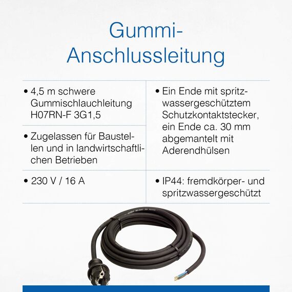 as - Schwabe Gummi-Anschlussleitung, 4,5 m H07RN-F 3G1,5 Verbindungskabel, Schutzkontaktstecker mit Leitung, Strom-Kabel mit Aderendhülsen, 230V, 16A, IP44, Schwarz, 60379