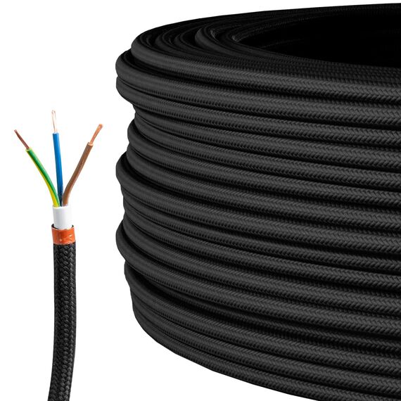 Textilkabel für Lampe, Stoffkabel 3-adrig (3x0,75mm²), Schwarz - 5 Meter