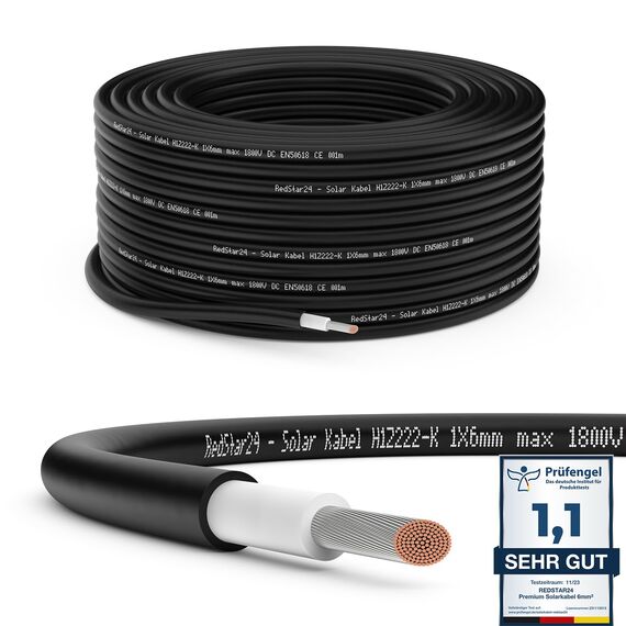 RedStar24 Premium Solarkabel 6mm² Schwarz - 50m - TÜV SÜD geprüft - UV-beständig, flexibel, Photovoltaik Kabel, PV Kabel, Solar Anschlusskabel für Solarpanel, Wechselrichter & Laderegler - langlebig