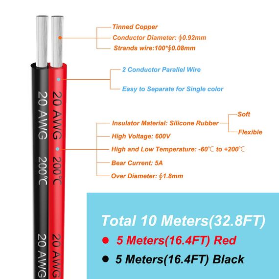 0.52mm² 20 AWG Silikon Elektrischer Draht Kabel anschließen 10 Meter [5 Meter schwarz und 5 Meter rot] Weich und flexibel aus verzinntem Kupferdraht Hohe Temperaturbeständigkeit 200 Celsius 600V