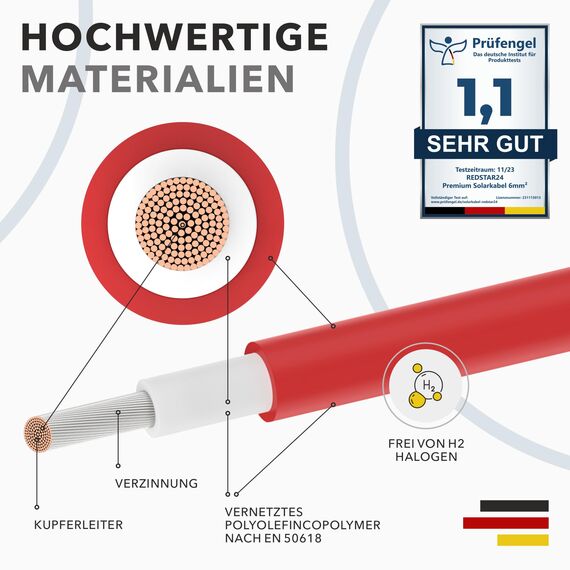 RedStar24 Premium Solarkabel 6mm² Rot - 10m - TÜV SÜD geprüft - UV-beständig, flexibel, Photovoltaik Kabel, PV Kabel, Solar Anschlusskabel für Solarpanel, Wechselrichter & Laderegler - langlebig