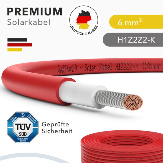 RedStar24 Premium Solarkabel 6mm² Rot - 10m - TÜV SÜD geprüft - UV-beständig, flexibel, Photovoltaik Kabel, PV Kabel, Solar Anschlusskabel für Solarpanel, Wechselrichter & Laderegler - langlebig