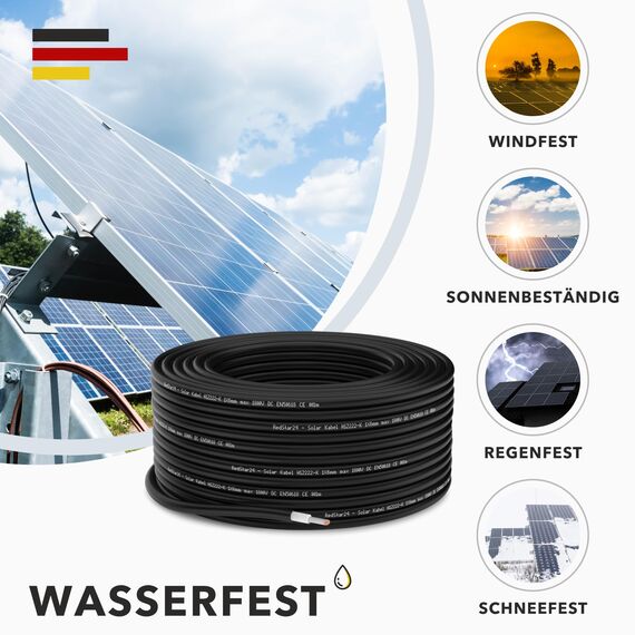 RedStar24 Premium Solarkabel 4mm² Schwarz - 50m - TÜV SÜD geprüft - UV-beständig, flexibel, Photovoltaik Kabel, PV Kabel, Solar Anschlusskabel für Solarpanel, Wechselrichter & Laderegler - langlebig