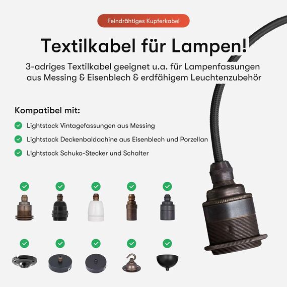 Textilkabel für Lampe, Textilummanteltes Rundkabel, dreiadrig 3x0,75mm², Weiß - Meterware, Preis pro Meter