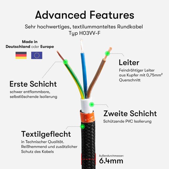 Textilkabel für Lampe, Stoffkabel 3-adrig (3x0,75mm²), Weiß - 10 Meter