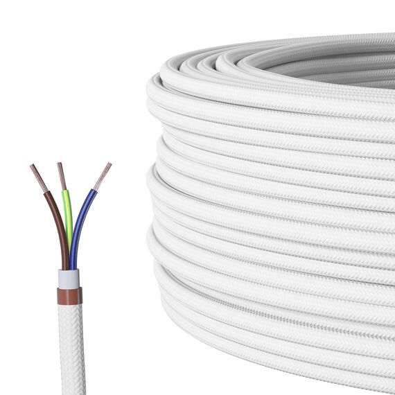 Textilkabel für Lampe, Textilummanteltes Rundkabel, dreiadrig 3x0,75mm², Weiß - Meterware, Preis pro Meter