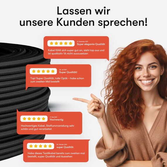 Textilkabel für Lampe, Textilummanteltes Rundkabel, dreiadrig 3x0,75mm², Weiß - Meterware, Preis pro Meter