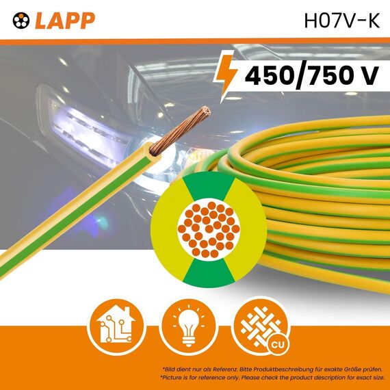10 Meter Lapp 4520005 H07V-K 10 mm² grün-gelb I Erdungskabel I Verdrahtungsleitung I Aderleitung flexibel I PVC-Einzelader I Litze 10mm2 I Verdrahtung
