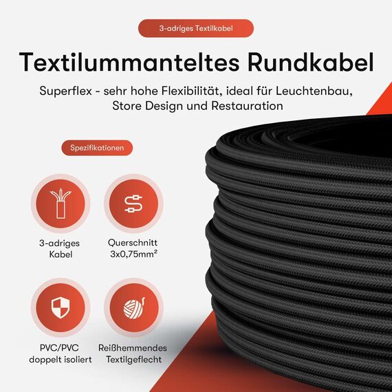 Textilkabel für Lampe, Stoffkabel aus Leinengarn, 3-adrig (3x0,75mm²), Leinen-Schwarz - 3 Meter