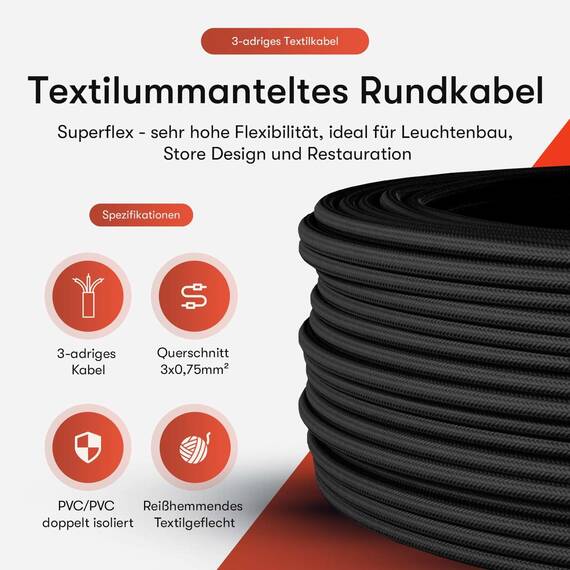 Textilkabel für Lampe, Textilummanteltes Rundkabel, dreiadrig 3x0,75mm², Weiß - 100 Meter
