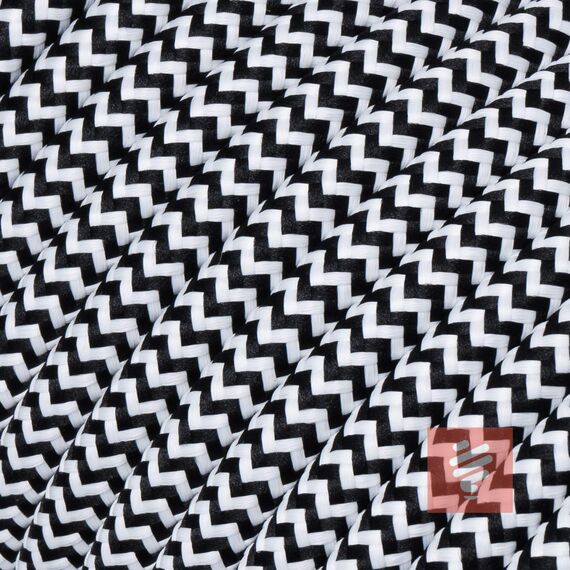 Textilkabel für Lampe, Textilummanteltes Rundkabel, dreiadrig 3x0,75mm², Schwarz-Weiß, zick-zack - 50 Meter Rolle