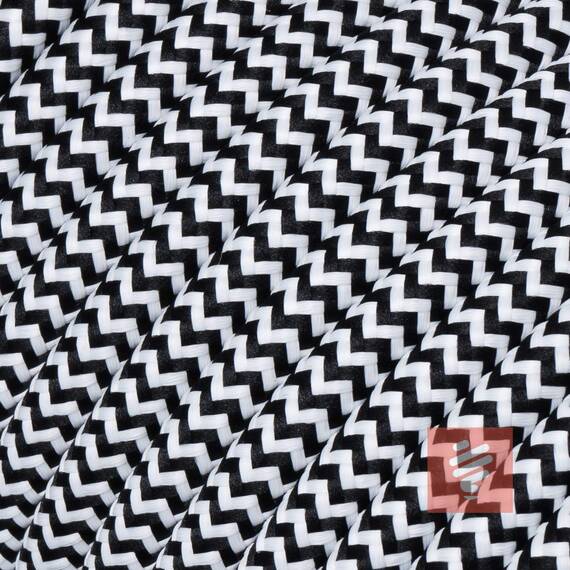 Textilkabel für Lampe, Stoffkabel 3-adrig (3x0,75mm²), Schwarz-Weiß zick/zack - 20 Meter