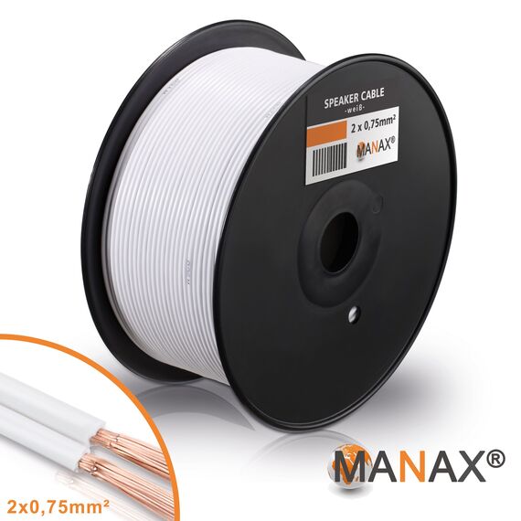 MANAX® 50m Zwillingslitze 2x 0,75mm² weiß Kabel 2-adrig (50m 0,75mm² - 1 Ring, weiß)