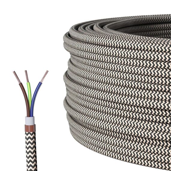 Textilkabel für Lampe, Stoffkabel aus Leinengarn, 3-adrig (3x0,75mm²), Leinen-Schwarz - 100 Meter
