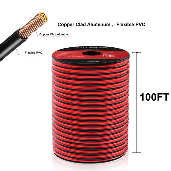 VIABRICO Elektrisches Kabel, 12 Gauge, 30,5 m, 2 Leiter, rot/schwarz, Kabel für LED-Beleuchtungsstreifen, 12 AWG, kupferverkleidetes Aluminium, 12 V/24 V DC, 30,5 m