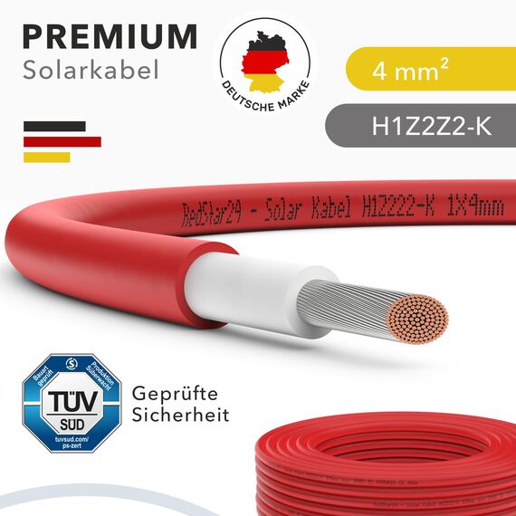 RedStar24 Premium Solarkabel 4mm² Rot - 10m - TÜV SÜD geprüft - UV-beständig, flexibel, Photovoltaik Kabel, PV Kabel, Solar Anschlusskabel für Solarpanel, Wechselrichter & Laderegler - langlebig