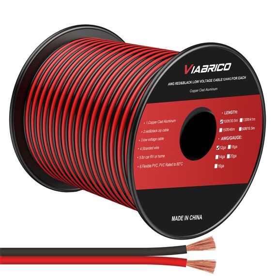 VIABRICO Elektrisches Kabel, 12 Gauge, 30,5 m, 2 Leiter, rot/schwarz, Kabel für LED-Beleuchtungsstreifen, 12 AWG, kupferverkleidetes Aluminium, 12 V/24 V DC, 30,5 m