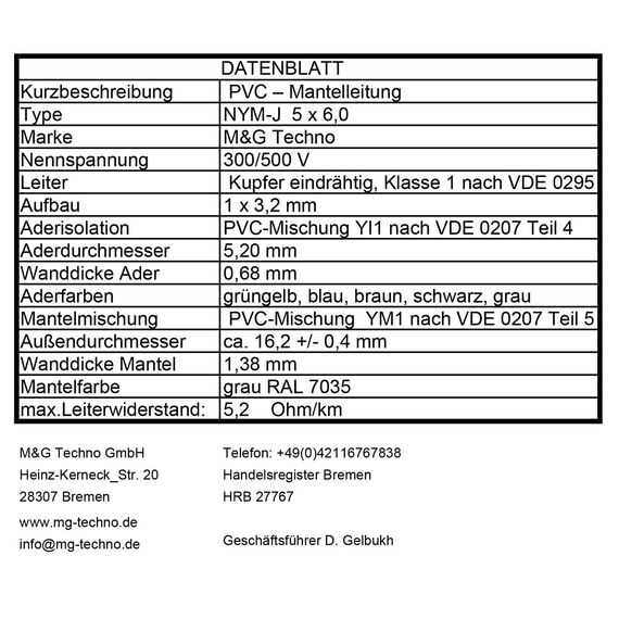 OKSI 40m NYM-J 5x6,0 mm² Mantelleitung Feuchtraumkabel Elektrokabel Kupfer Made in Germany