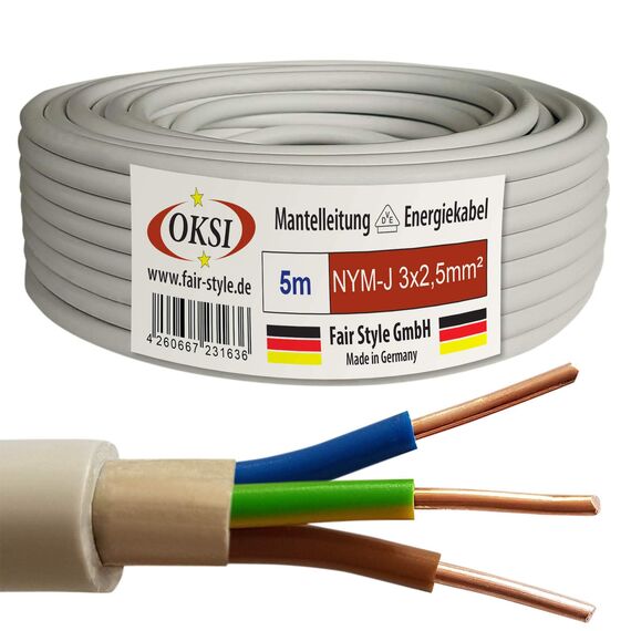 OKSI 5m NYM-J 3x2,5 mm² Mantelleitung Feuchtraumkabel Elektrokabel Kupfer Made in Germany