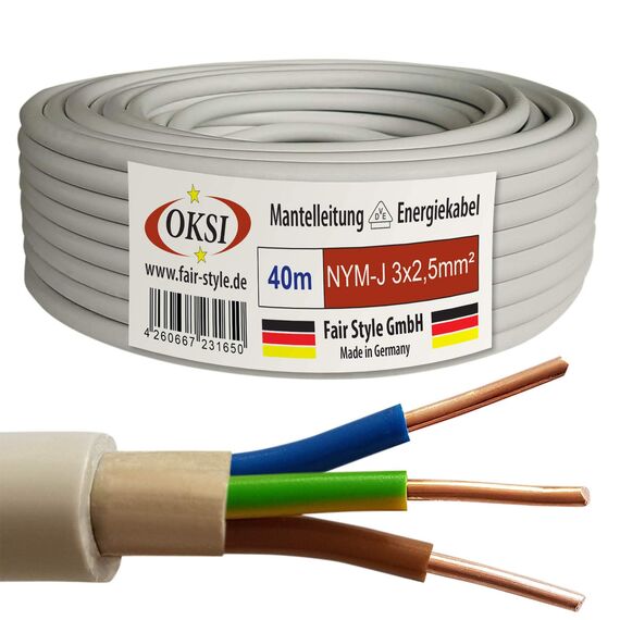 OKSI 40m NYM-J 3x2,5 mm² Mantelleitung Feuchtraumkabel Elektrokabel Kupfer Made in Germany