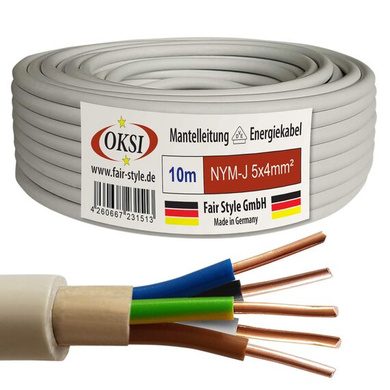 OKSI 10m NYM-J 5x4 mm² Mantelleitung Feuchtraumkabel Elektrokabel Kupfer Made in Germany