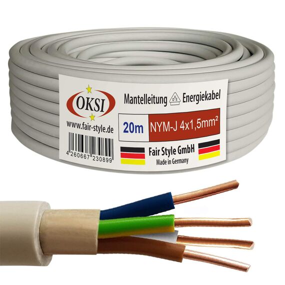 OKSI 20m NYM-J 4x1,5 mm² Mantelleitung Feuchtraumkabel Elektrokabel Kupfer Made in Germany