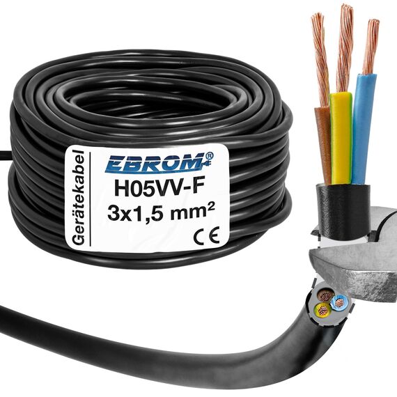Schlauchleitung Gerätekabel H05VV-F 3G1,5 mm² - 3x1,5 mm² - schwarz - 5/10 / 25/50 oder 100 Meter wählbar, Ihre Auswahl: 3x1,5 mm2 - Länge: 50 Meter