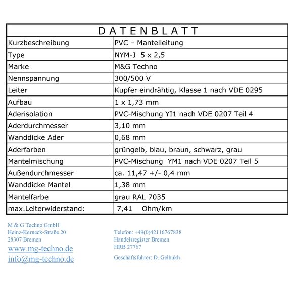 OKSI 60m NYM-J 5x2,5 mm² Mantelleitung Feuchtraumkabel Elektrokabel Kupfer Made in Germany