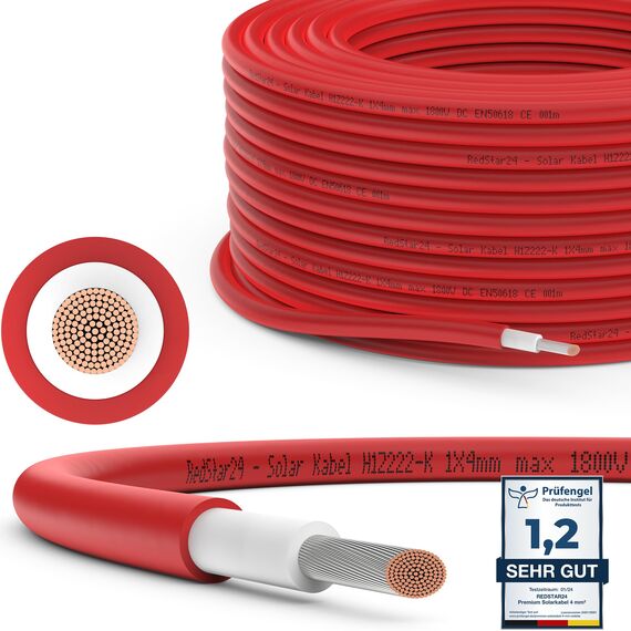 RedStar24 Premium Solarkabel 4mm² Rot - 50m - TÜV SÜD geprüft - UV-beständig, flexibel, Photovoltaik Kabel, PV Kabel, Solar Anschlusskabel für Solarpanel, Wechselrichter & Laderegler - langlebig