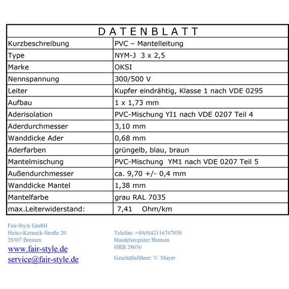 OKSI 10m NYM-J 3x2,5 mm² Mantelleitung Feuchtraumkabel Elektrokabel Kupfer Made in Germany