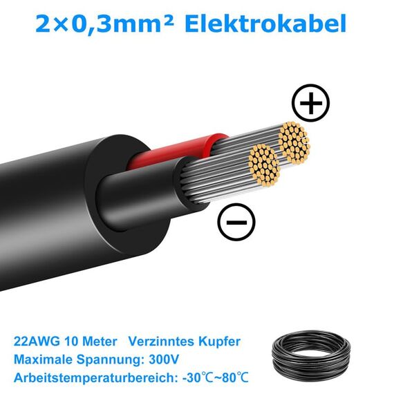 10 Meter 22AWG 2x0,3mm² Elektrischer Draht, 2 Adrig Kabel 5V/12V/24V Stromkabel Verzinntes Kupferkabel，Flexibel und Weich Niedrige Impedanz Hohe Temperaturbeständigkeit Verlängerungskabel