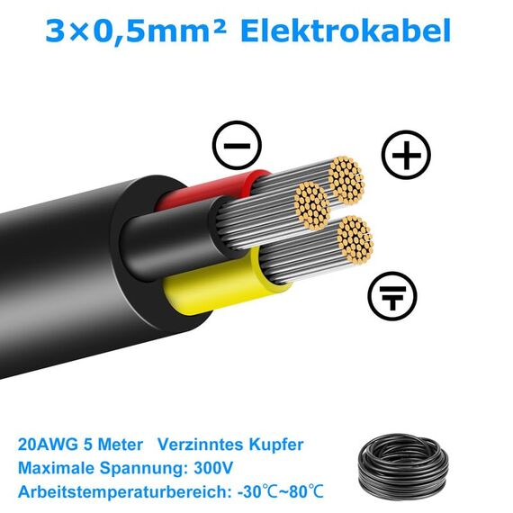 5 Meter 20AWG 3x0,5mm² Elektrischer Draht, 3 Adrig Kabel Erdkabel 5V/12V/24V Stromkabel Verzinntes Kupferkabel，Flexibel und Weich Niedrige Impedanz Hohe Temperaturbeständigkeit Verlängerungskabel