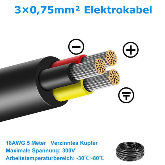 5 Meter 18AWG 3x0,75mm² Elektrischer Draht, 3 Adrig Kabel Erdkabel 5V/12V/24V Stromkabel Verzinntes Kupferkabel, Flexibel und Weich Niedrige Impedanz Hohe Temperaturbeständigkeit Verlängerungskabel