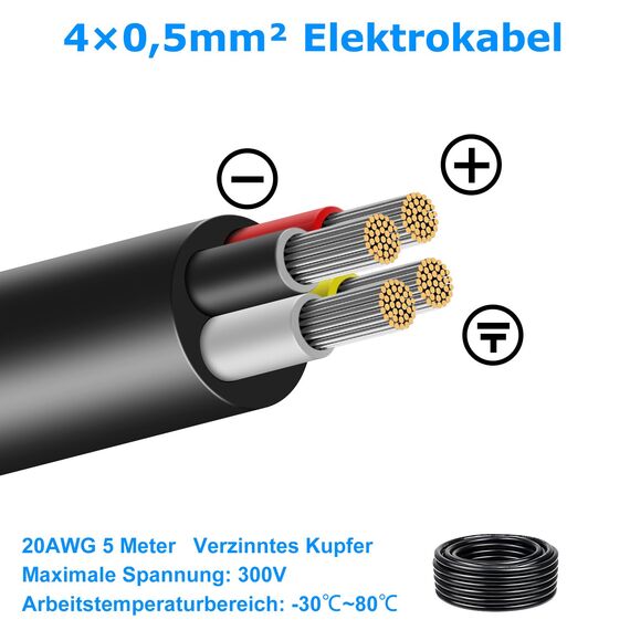 5 Meter 20AWG 4x0,5mm² Elektrischer Kabel, 4 Adriges Kabel 5V/12V/24V/300V Stromkabel Verzinntes Kupferkabel, Flexibel und Weich Niedrige Impedanz Hohe Temperaturbeständigkeit Verlängerungskabel