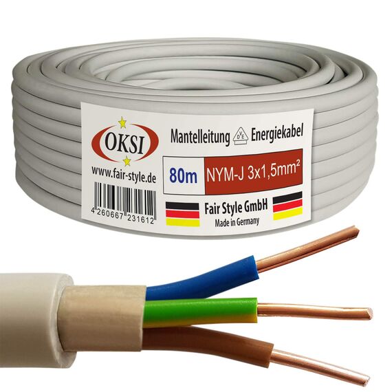 OKSI 80m NYM-J 3x1,5 mm² Mantelleitung Feuchtraumkabel Elektrokabel Kupfer Made in Germany
