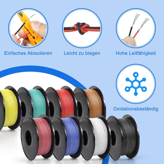 LightingWill 26 AWG 0,15mm² Silikon Elektrokabel Set in 8 Farben, 5 Meter pro Rolle Litzendraht Kabel, Flexibel Verzinntes Kupferkabel für DIY, KFZ, Heiminstallationen und Stromverkabelungen