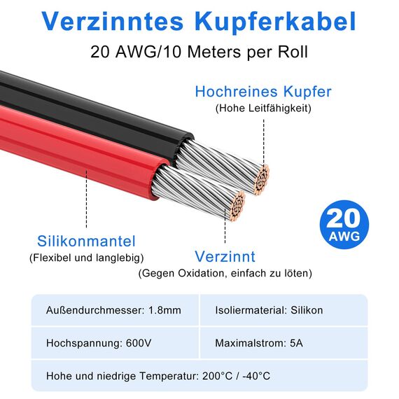 LightingWill 20 AWG 0,5mm² Silikon Elektrokabel Set in 8 Farben, 10 Meter pro Rolle Litzendraht Kabel, Flexibel Verzinntes Kupferkabel für DIY, KFZ, Heiminstallationen und Stromverkabelungen