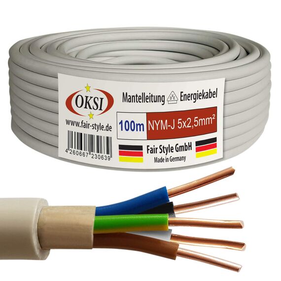 OKSI 100m NYM-J 5x2,5 mm² Mantelleitung Feuchtraumkabel Elektrokabel Kupfer Made in Germany