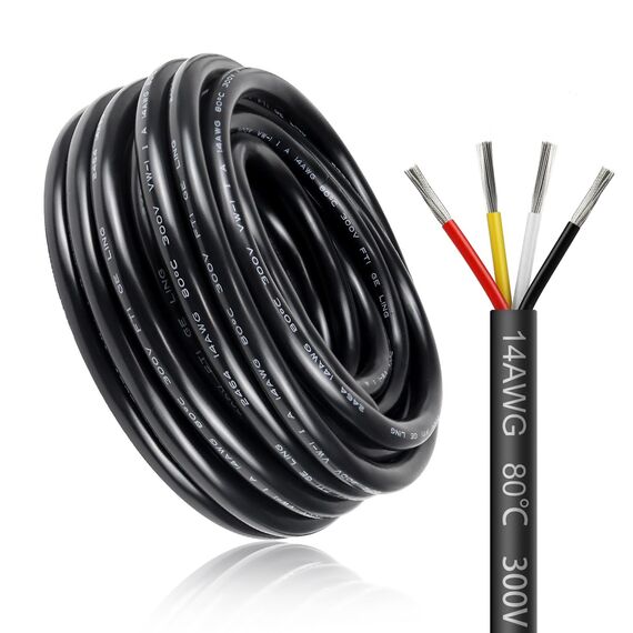 5 Meter 14AWG 4x2,0mm² Elektrischer Kabel, 4 Adriges Kabel 5V/12V/24V/300V Stromkabel Verzinntes Kupferkabel, Flexibel und Weich Niedrige Impedanz Hohe Temperaturbeständigkeit Verlängerungskabel