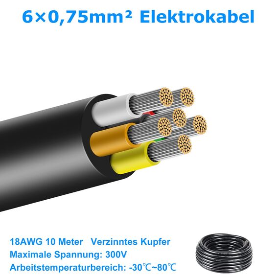 10 Meter 18AWG 6x0,75mm² Elektrischer Kabel, 6 Adriges Kabel 5V/12V/24V/300V Stromkabel Verzinntes Kupferkabel, Flexibel und Weich Niedrige Impedanz Hohe Temperaturbeständigkeit Verlängerungskabel