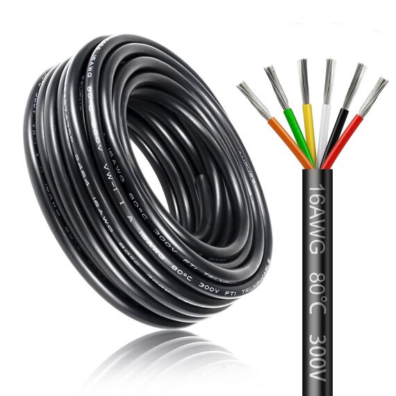 5 Meter 16AWG 6x1,5mm² Elektrischer Kabel, 6 Adriges Kabel 5V/12V/24V/300V Stromkabel Verzinntes Kupferkabel, Flexibel und Weich Niedrige Impedanz Hohe Temperaturbeständigkeit Verlängerungskabel