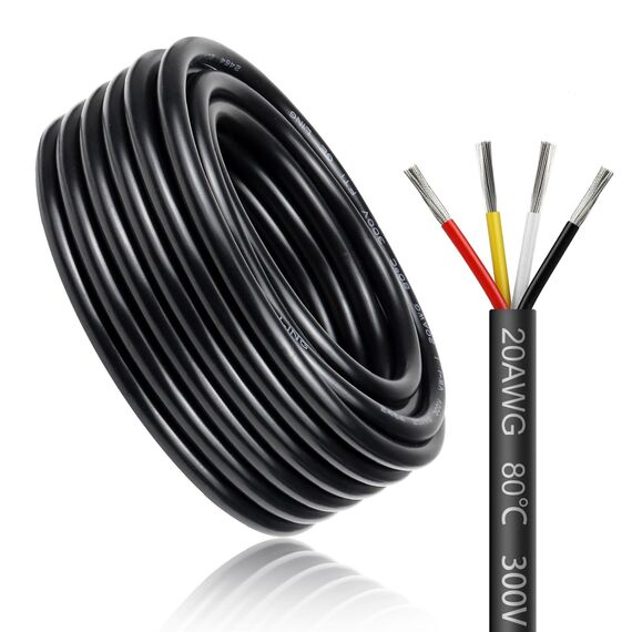 5 Meter 20AWG 4x0,5mm² Elektrischer Kabel, 4 Adriges Kabel 5V/12V/24V/300V Stromkabel Verzinntes Kupferkabel, Flexibel und Weich Niedrige Impedanz Hohe Temperaturbeständigkeit Verlängerungskabel
