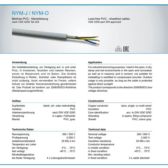 OKSI 100m NYM-J 5x1,5 mm² Mantelleitung Feuchtraumkabel Elektrokabel Kupfer Made in Germany