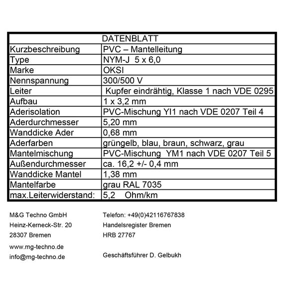 OKSI 50m NYM-J 5x6,0 mm² Mantelleitung Feuchtraumkabel Elektrokabel Kupfer Made in Germany